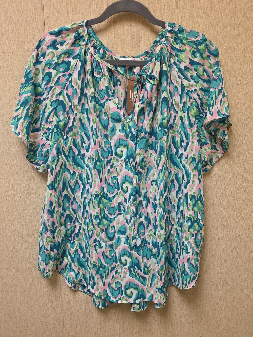Flowy Printed Short Sleeve Blouse — Teal & Pink